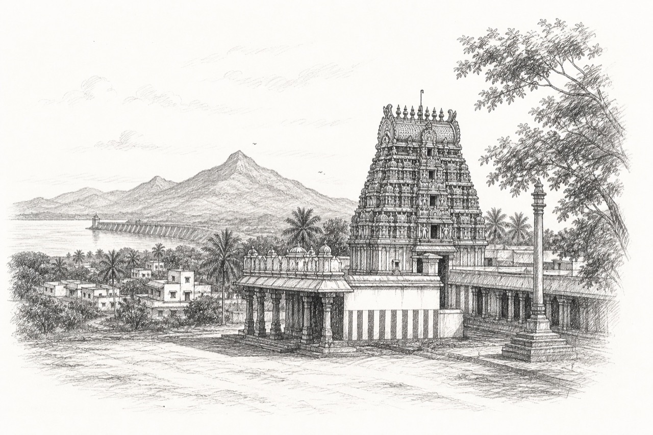 Hand-drawn pencil travel sketch for Gobichettipalayam