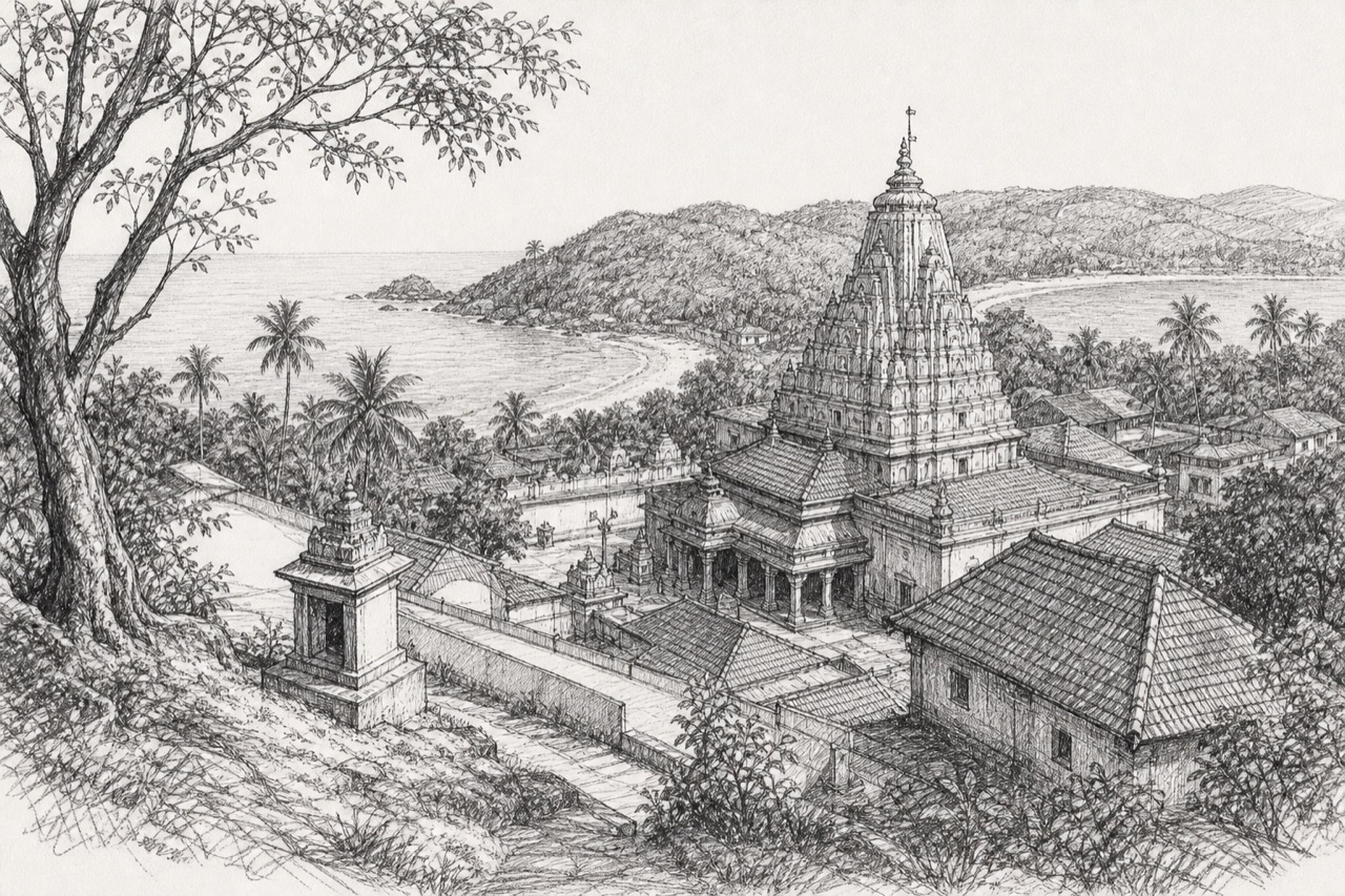 Hand-drawn pencil travel sketch for Gokarna