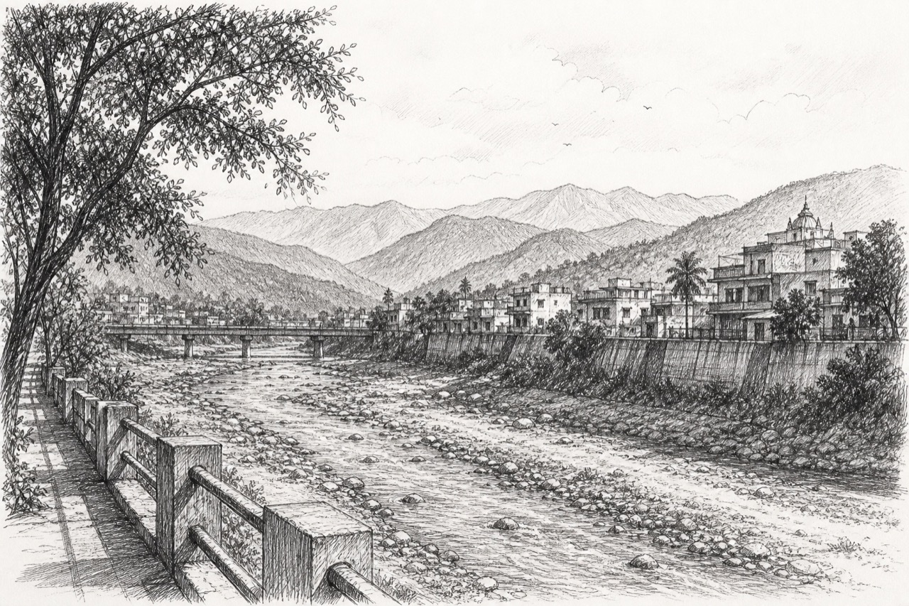 Hand-drawn pencil travel sketch for Haldwani