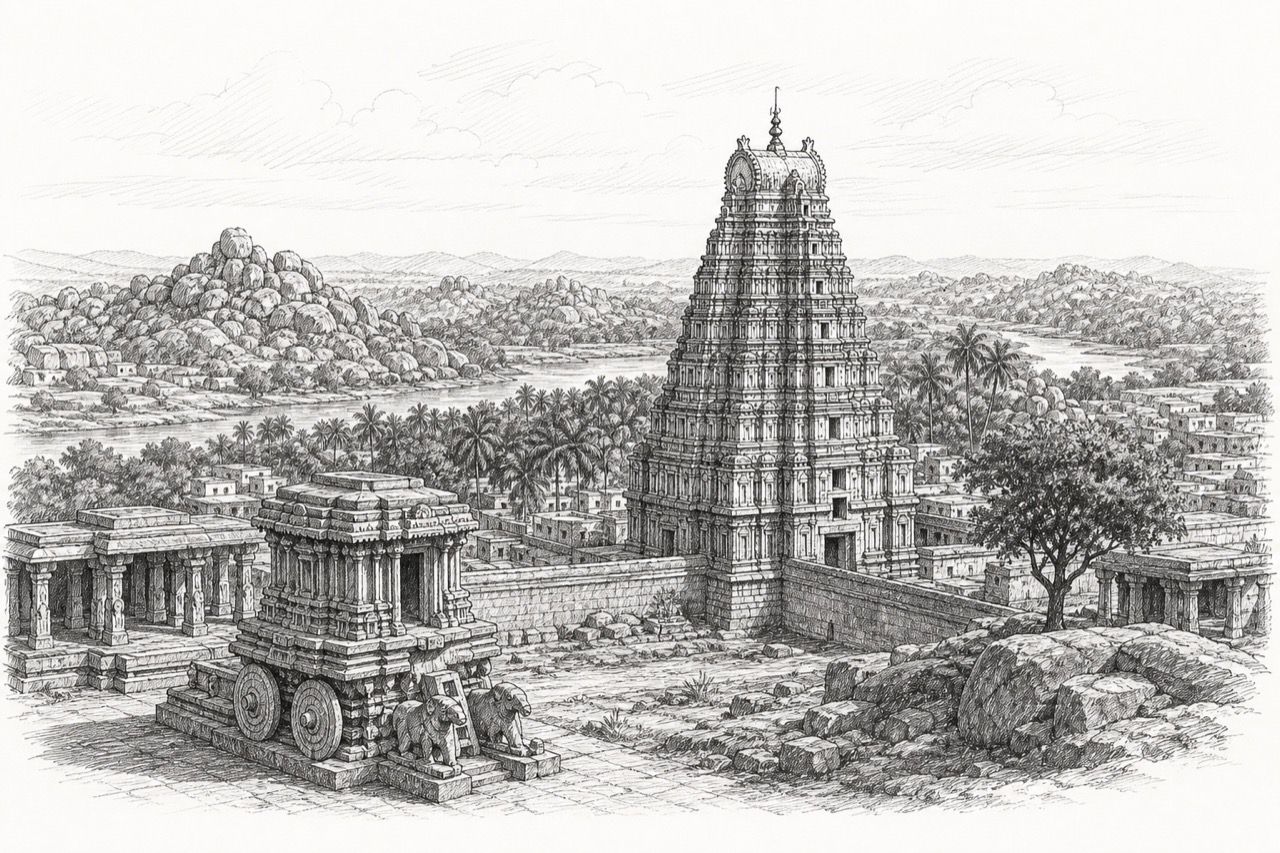Hand-drawn pencil travel sketch for Hampi