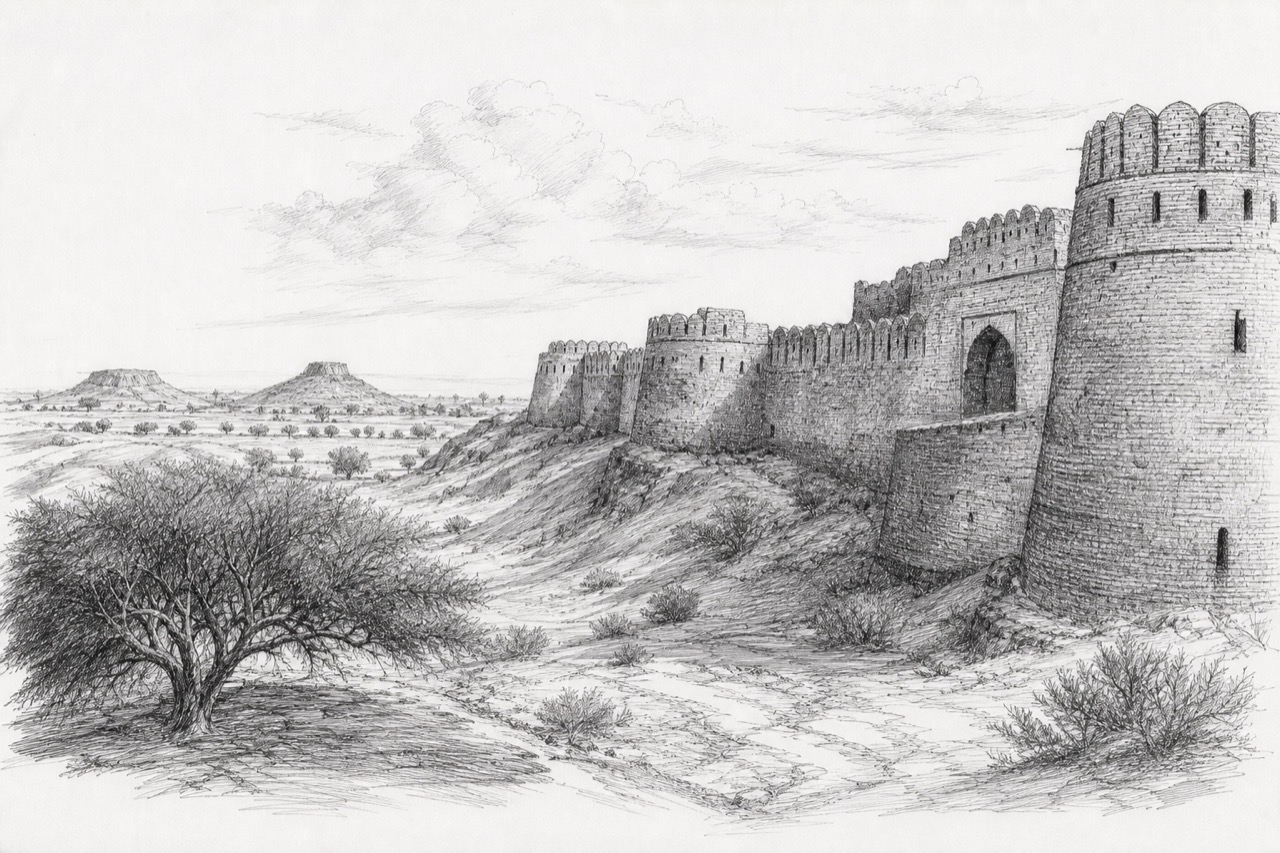 Hand-drawn pencil travel sketch for Hanumāngarh