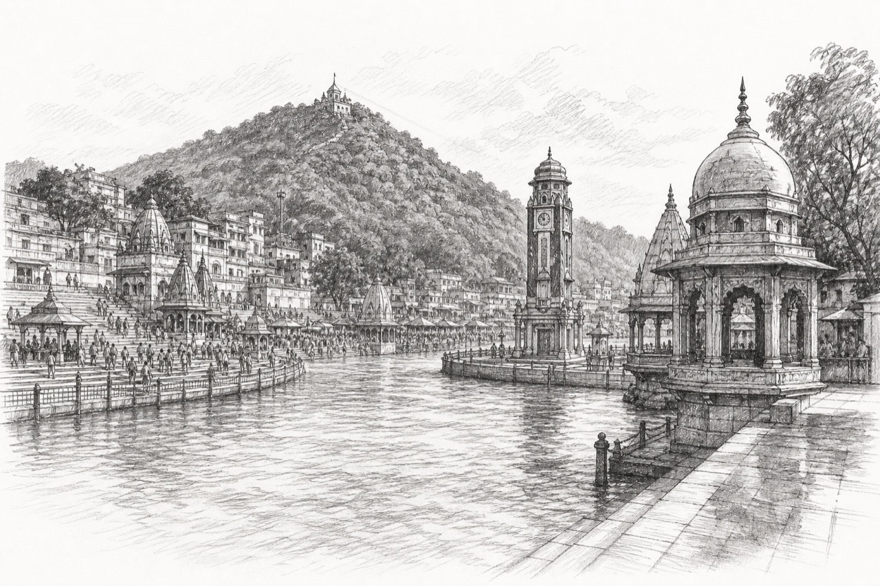 Hand-drawn pencil travel sketch for Haridwar