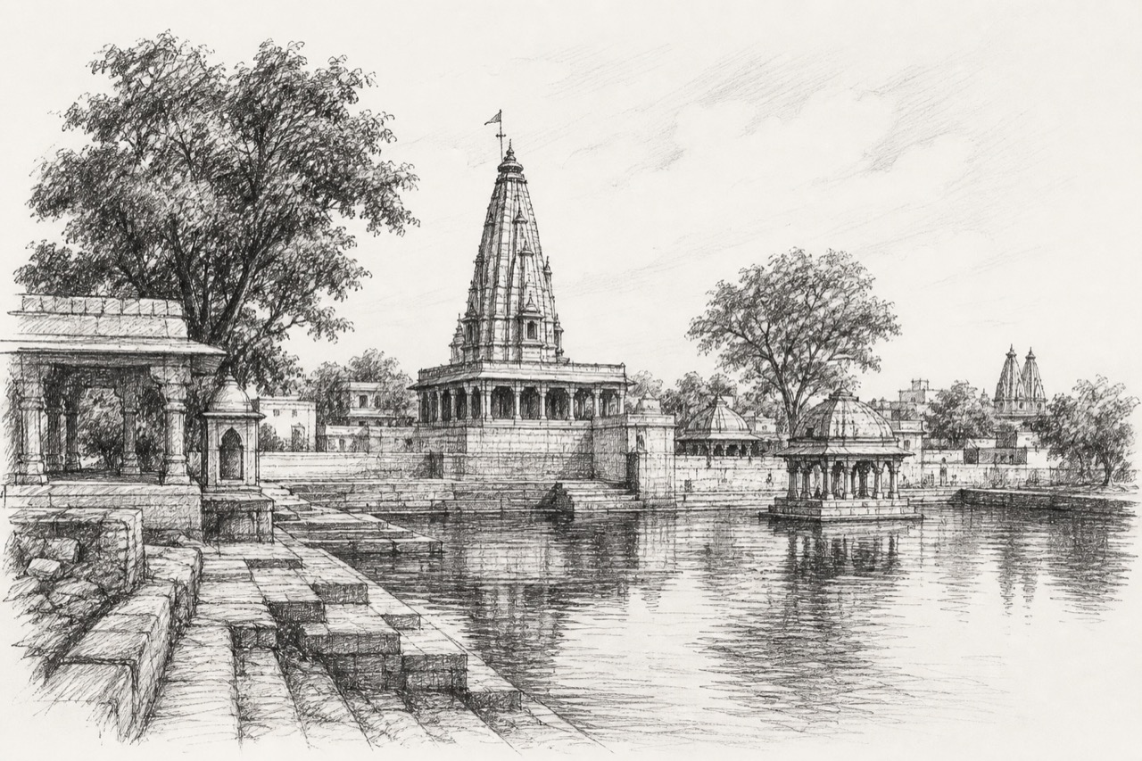Hand-drawn pencil travel sketch for Himatnagar