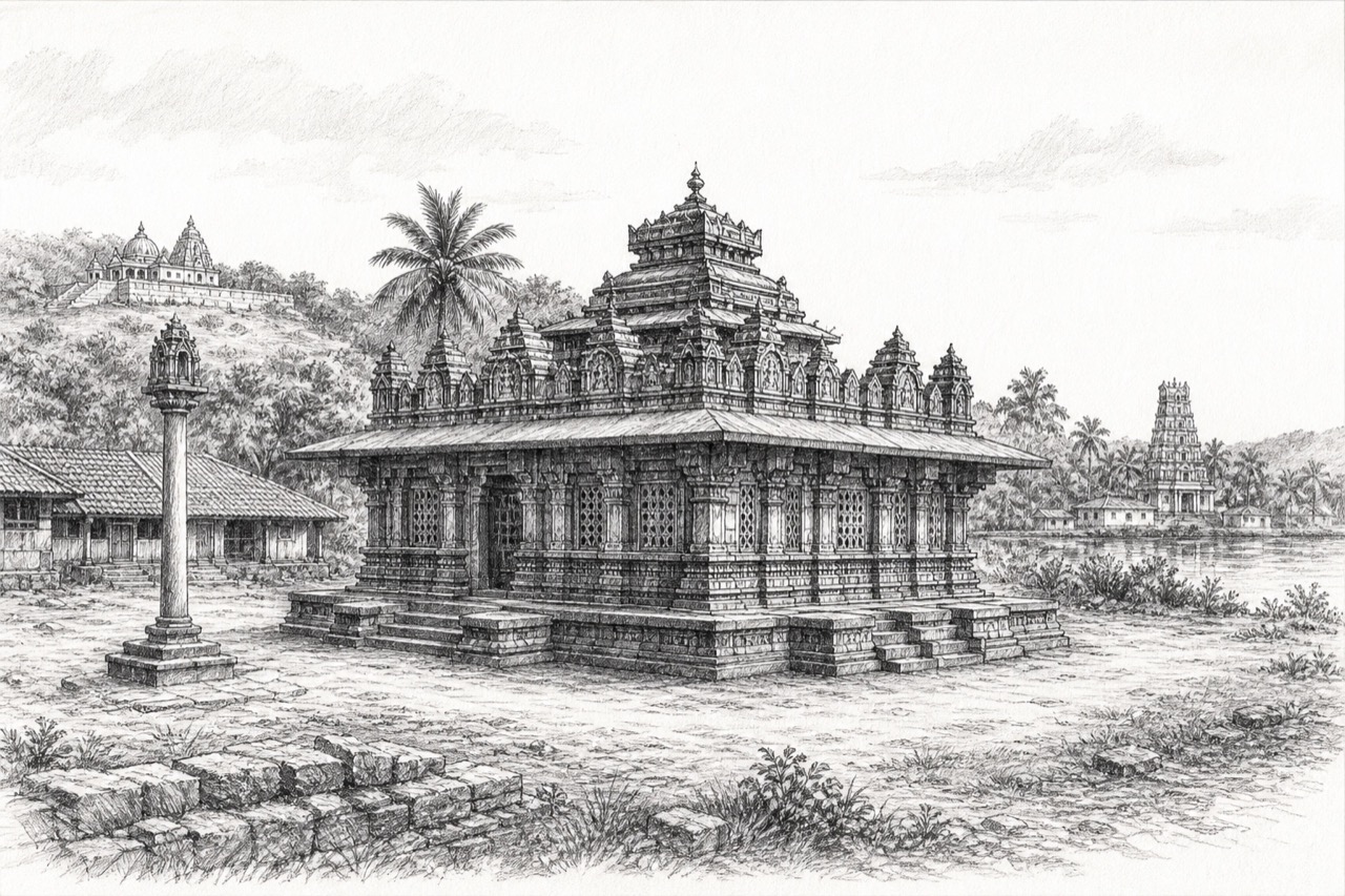 Hand-drawn pencil travel sketch for Honnavar