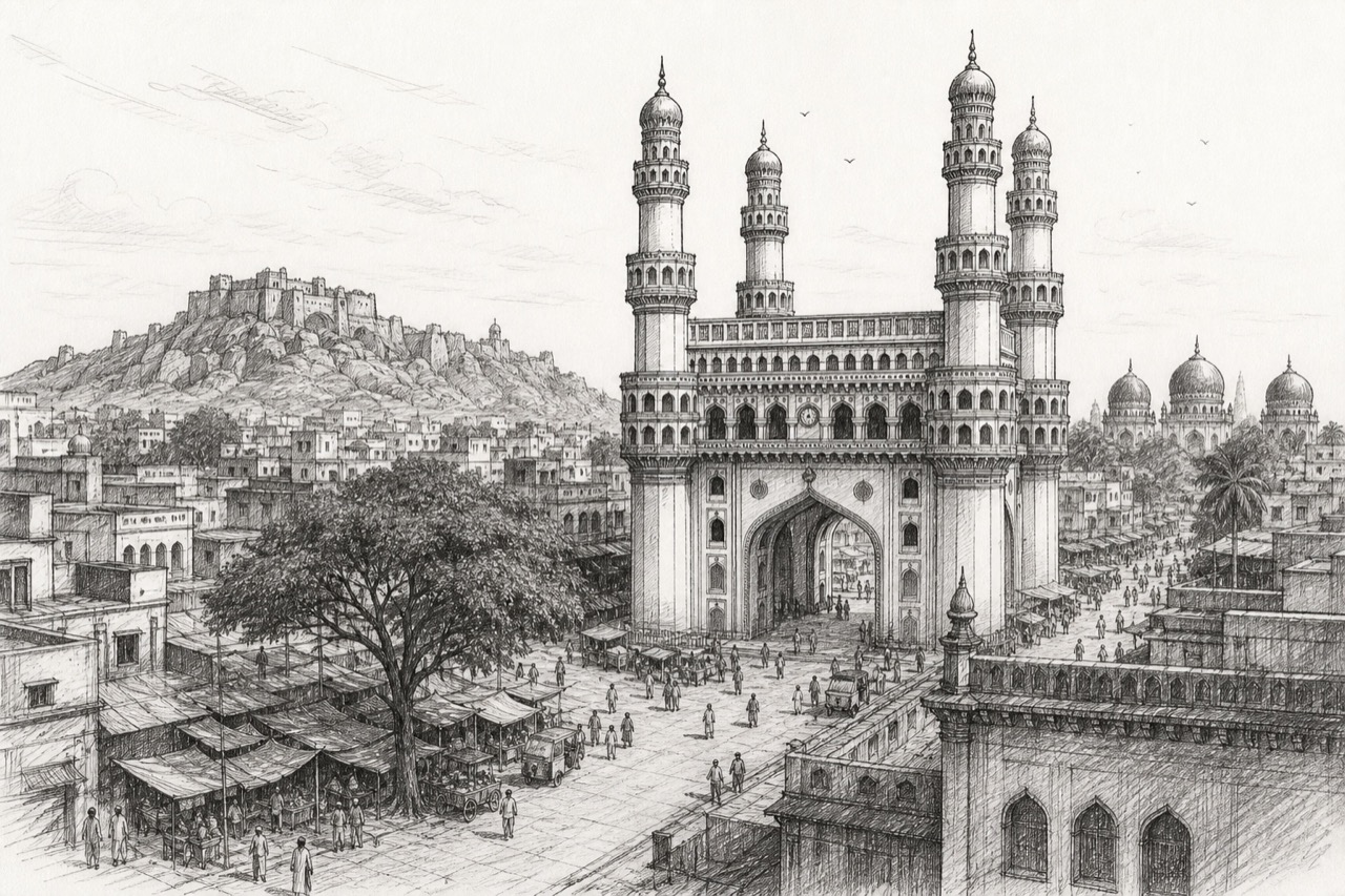 Hand-drawn pencil travel sketch for Hyderabad