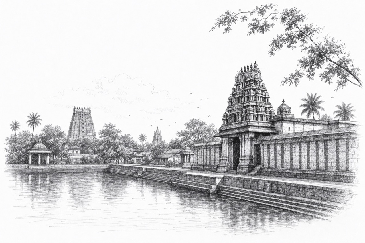 Hand-drawn pencil travel sketch for Iluppūr, India