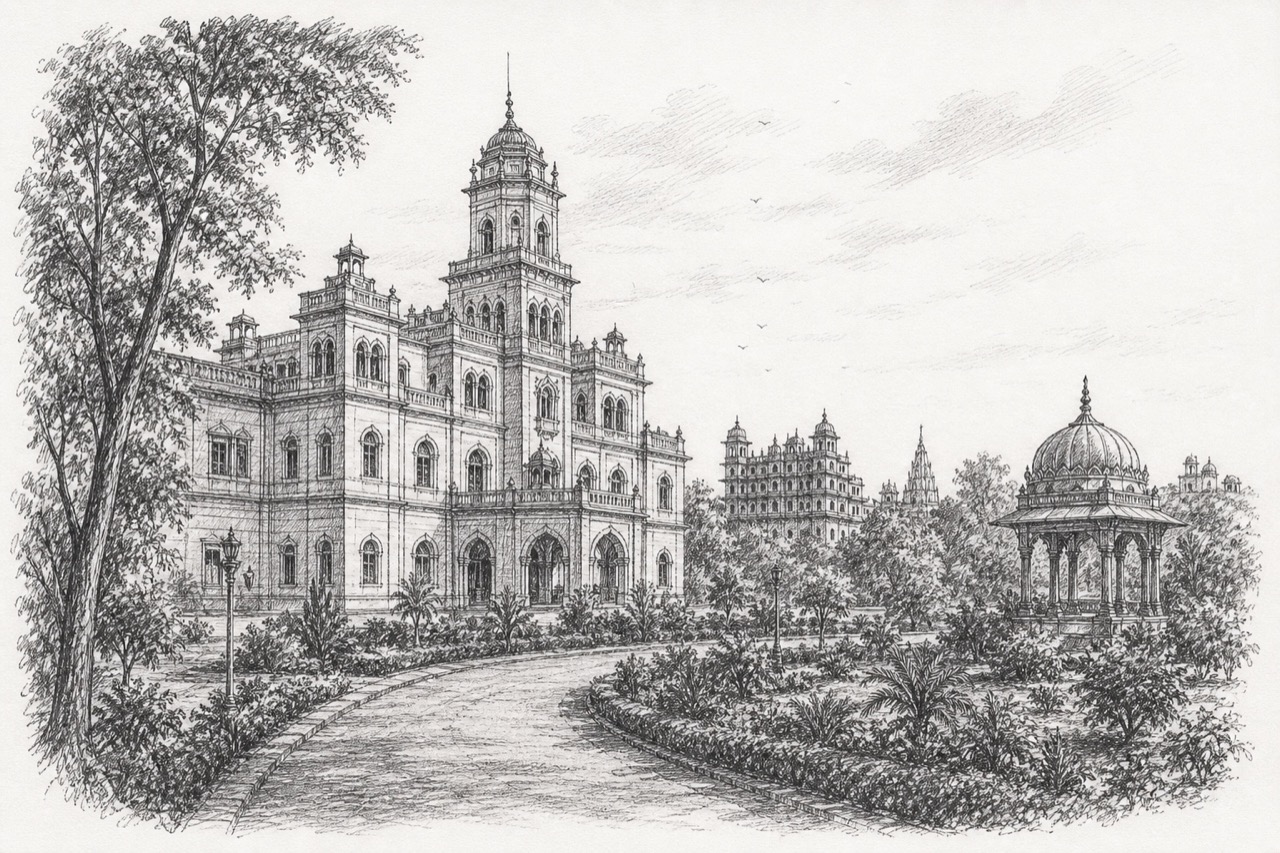 Hand-drawn pencil travel sketch for Indore
