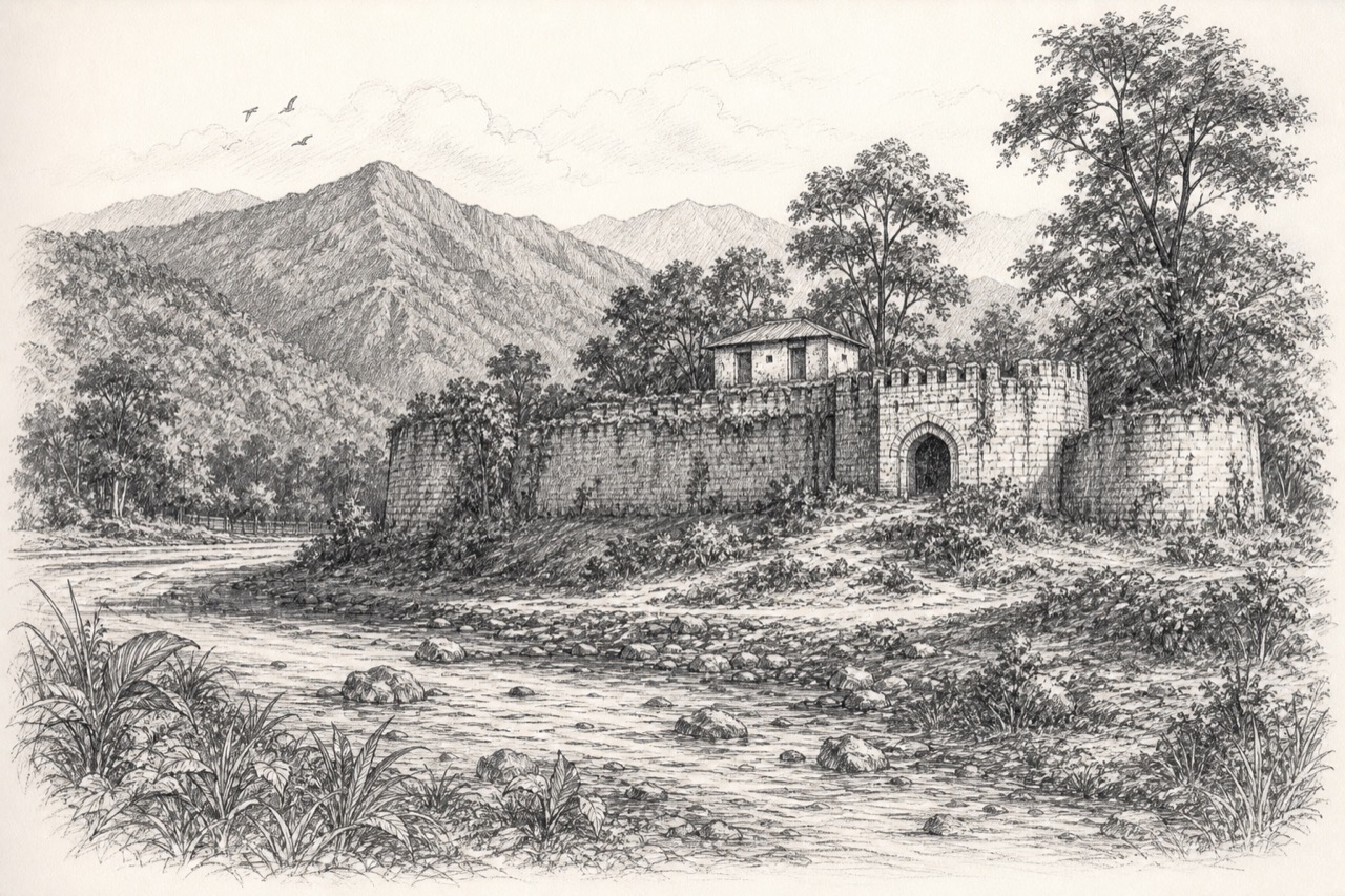 Hand-drawn pencil travel sketch for Jaigaon