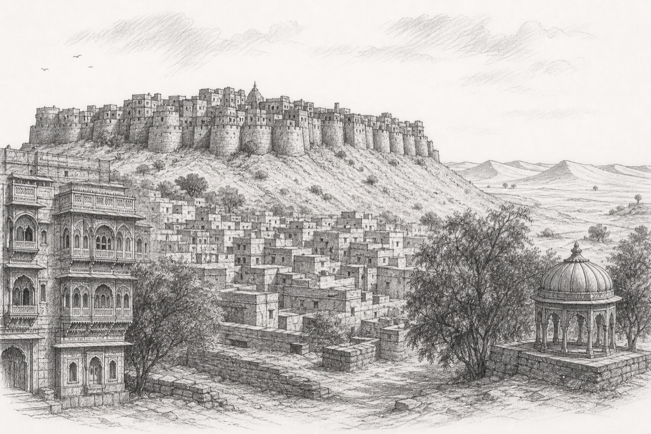 Hand-drawn pencil travel sketch for Jaisalmer