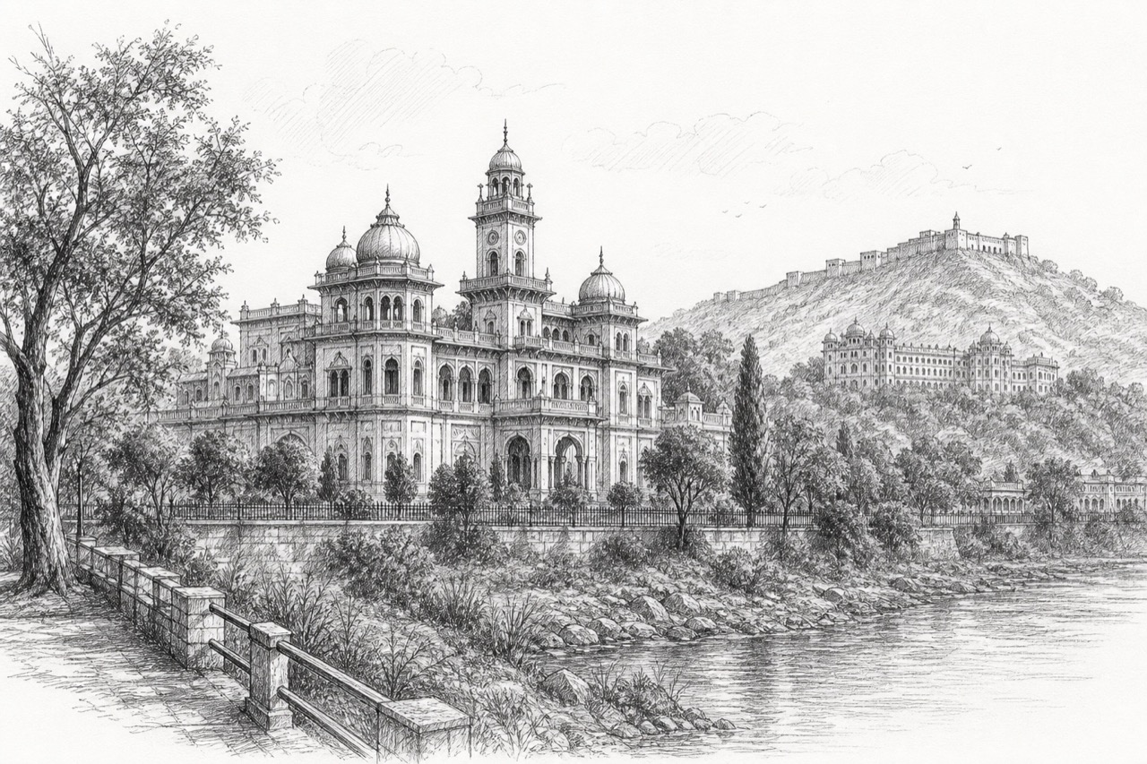 Hand-drawn pencil travel sketch for Jammu