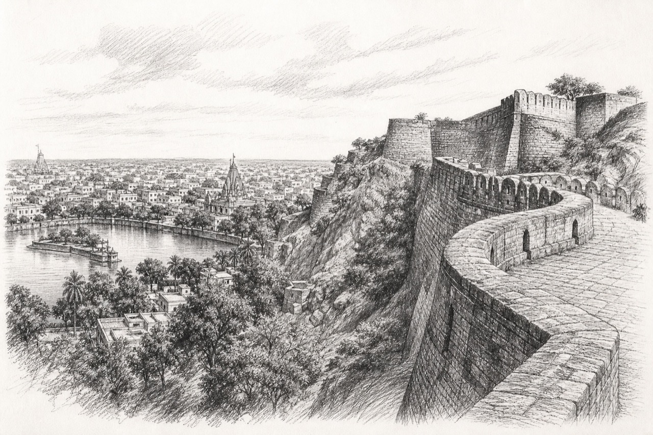 Hand-drawn pencil travel sketch for Jamnagar