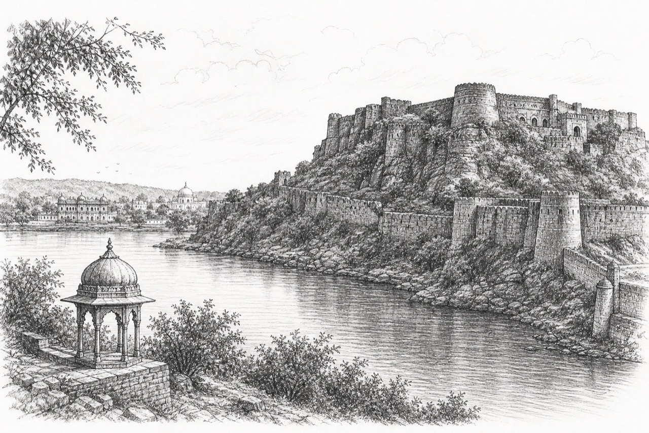 Hand-drawn pencil travel sketch for Jhālāwār