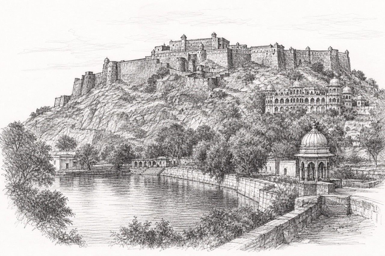 Hand-drawn pencil travel sketch for Jhānsi