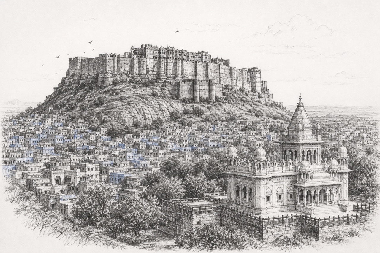 Hand-drawn pencil travel sketch for Jodhpur