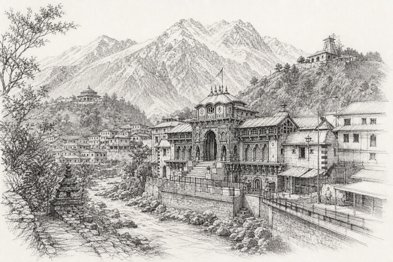 Hand-drawn pencil travel sketch for Joshīmath
