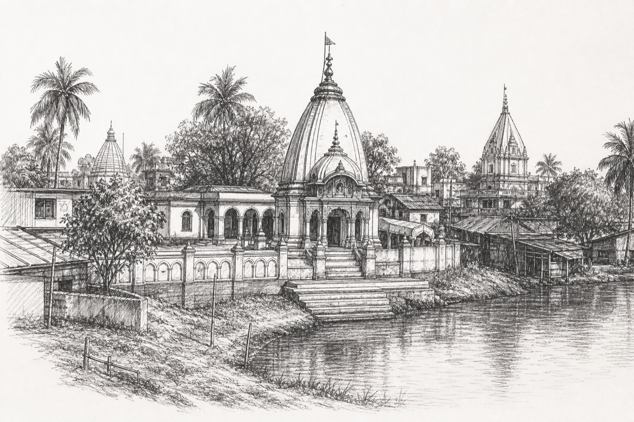 Hand-drawn pencil travel sketch for Kakdwip