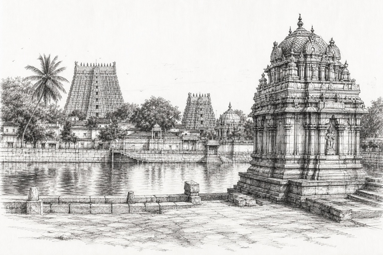Hand-drawn pencil travel sketch for Kanchipuram