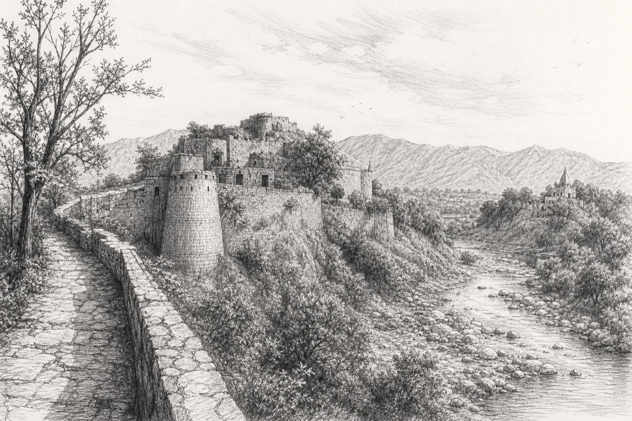 Hand-drawn pencil travel sketch for Kangra