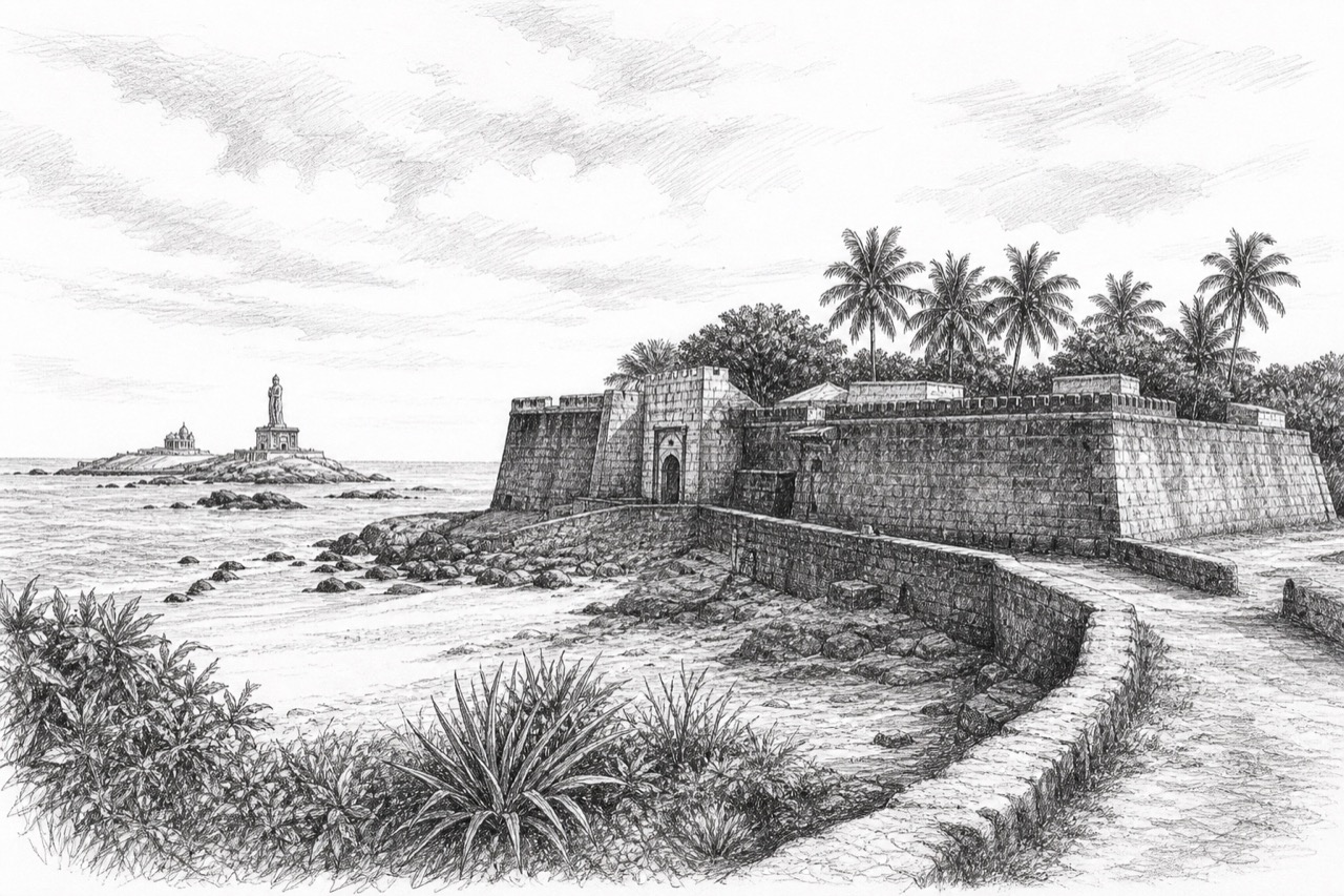 Hand-drawn pencil travel sketch for Kanniyākumāri