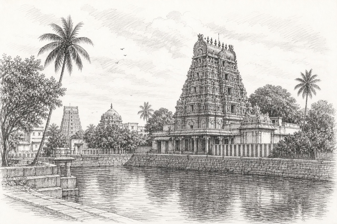 Hand-drawn pencil travel sketch for Kāraikāl