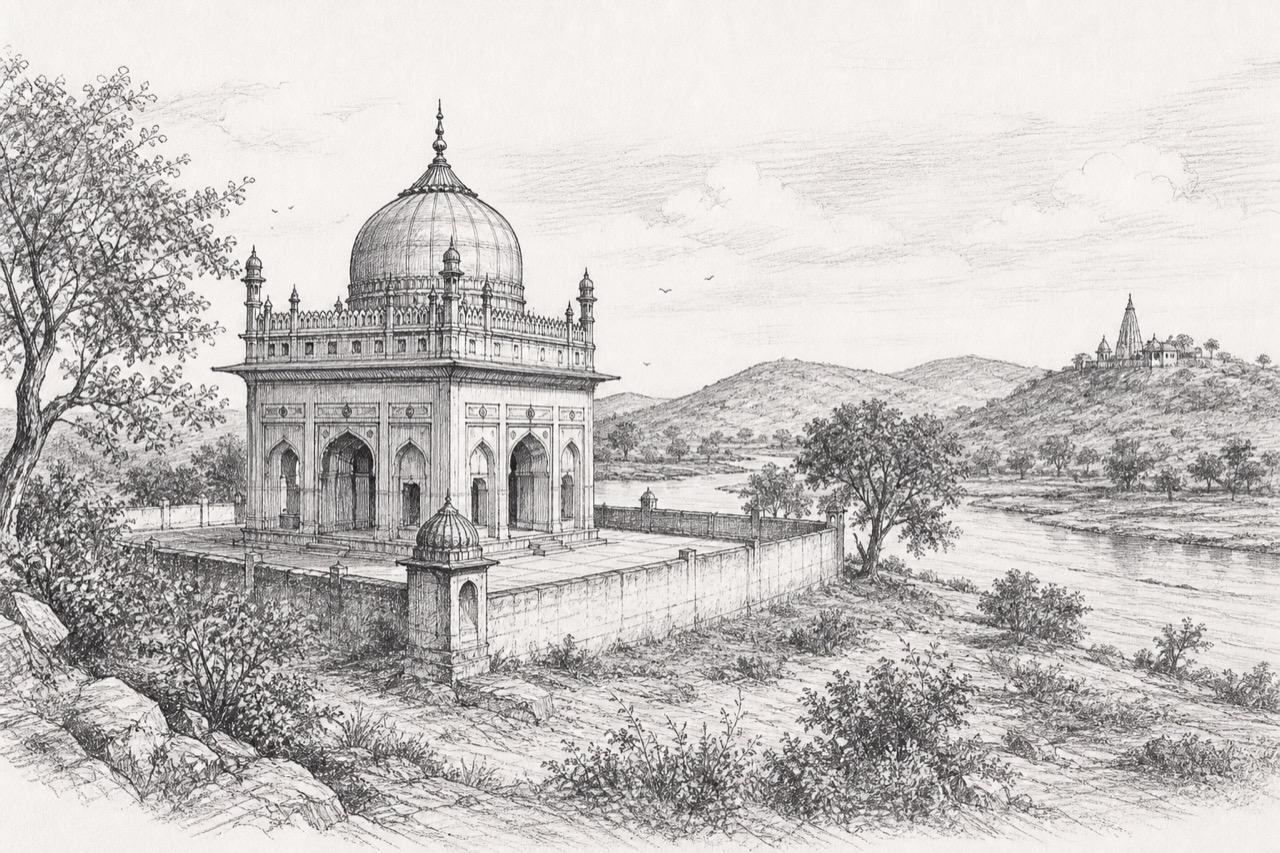 Hand-drawn pencil travel sketch for Karauli