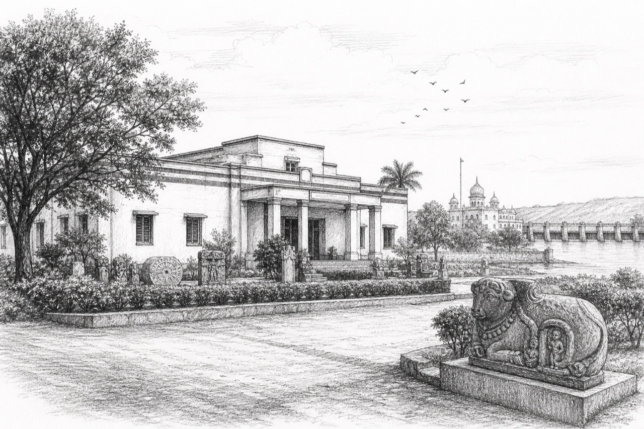 Hand-drawn pencil travel sketch for Karīmnagar