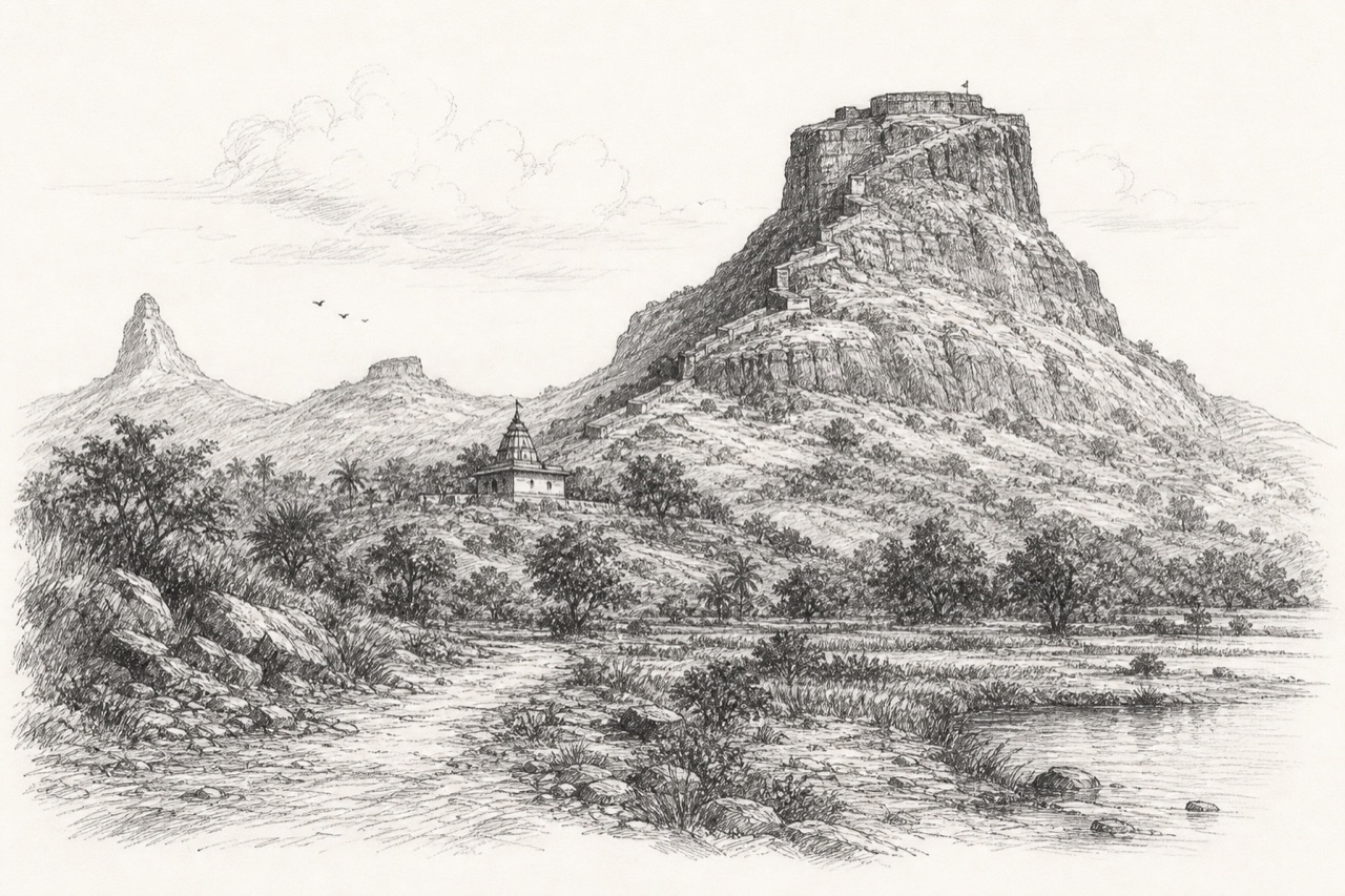 Hand-drawn pencil travel sketch for Karjat