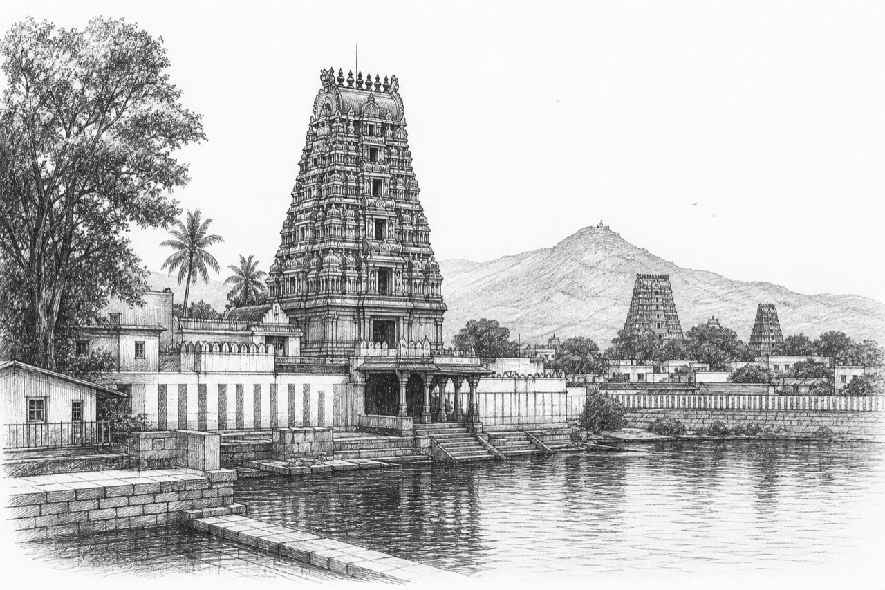 Hand-drawn pencil travel sketch for Karur