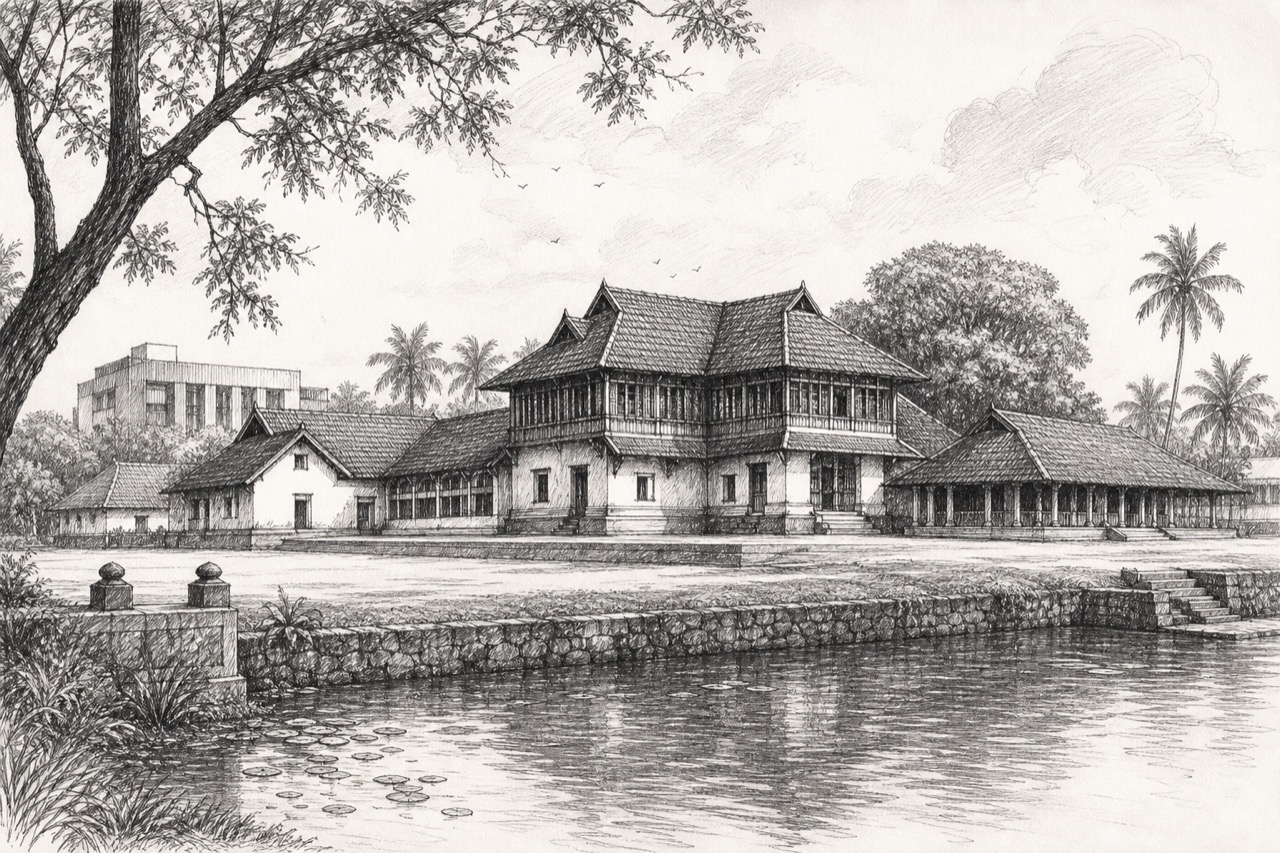 Hand-drawn pencil travel sketch for Kayamkulam