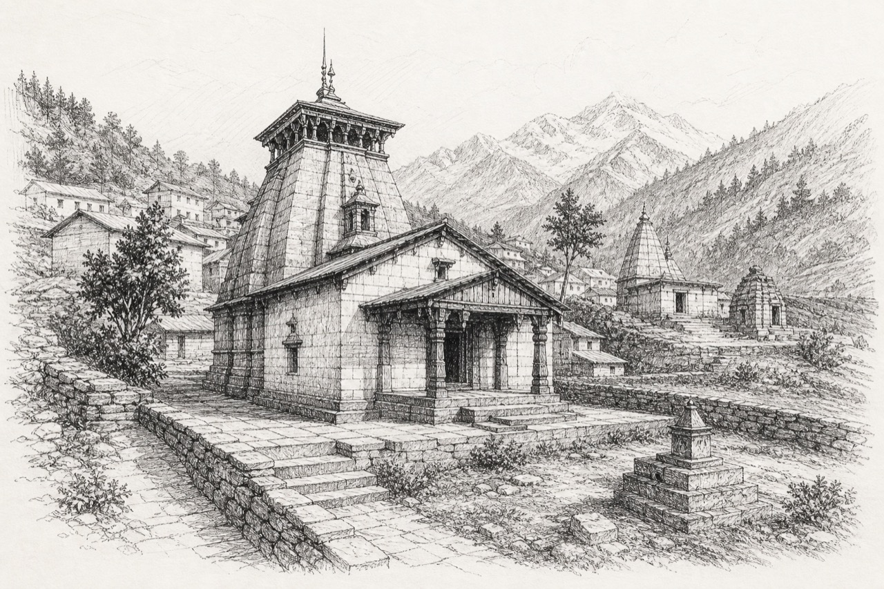 Hand-drawn pencil travel sketch for Kedārnāth