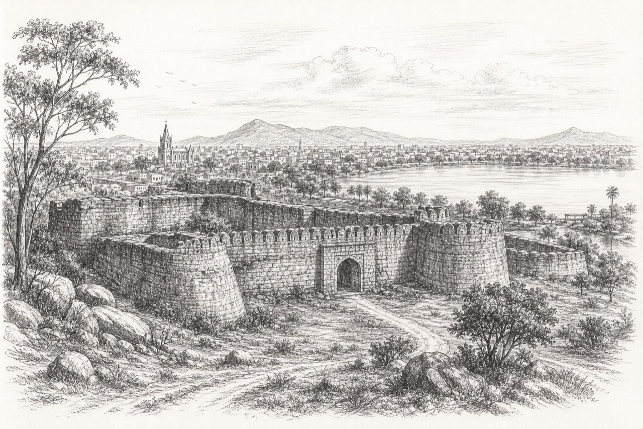 Hand-drawn pencil travel sketch for Khammam