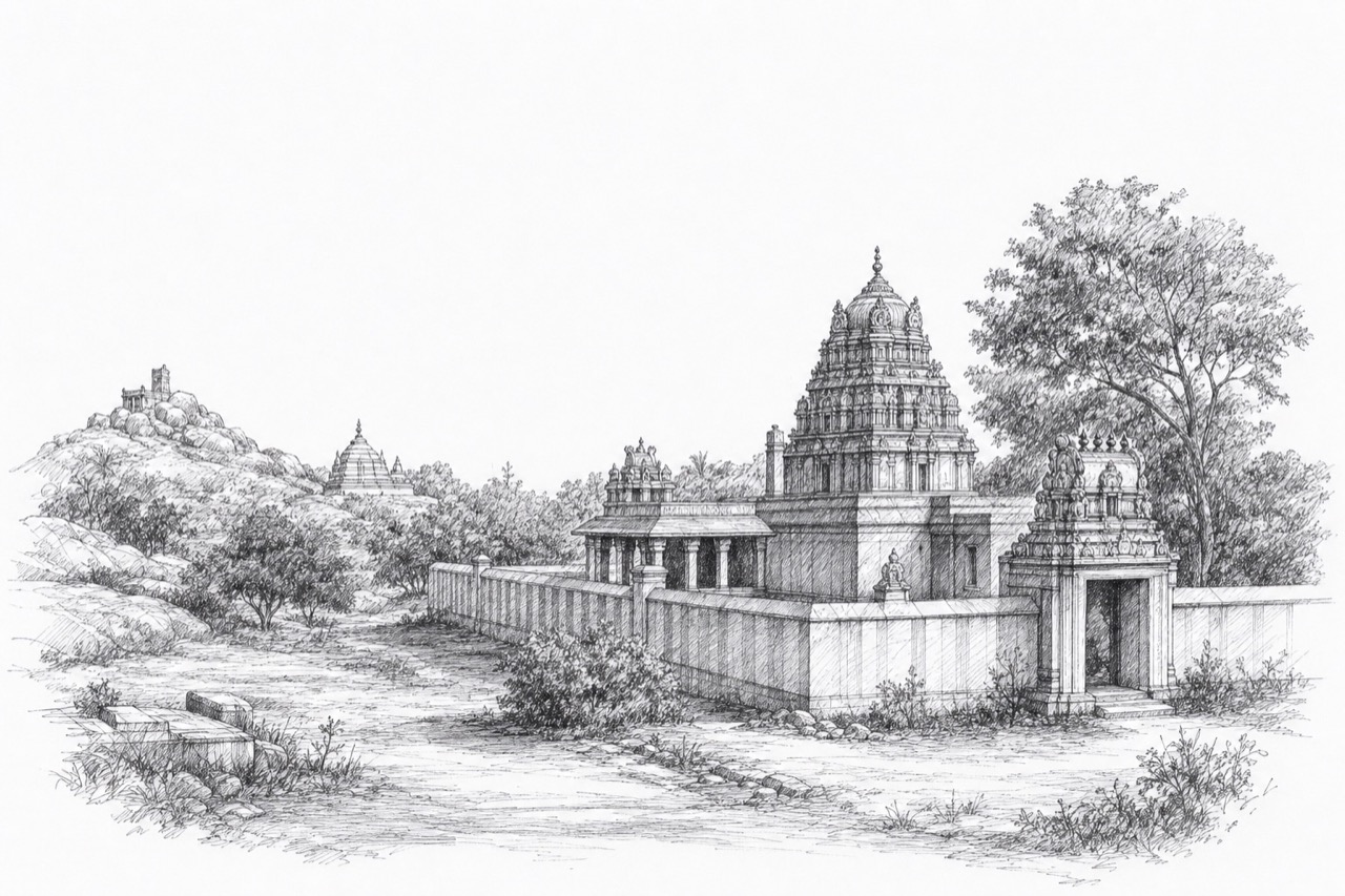 Hand-drawn pencil travel sketch for Kīranūr, India