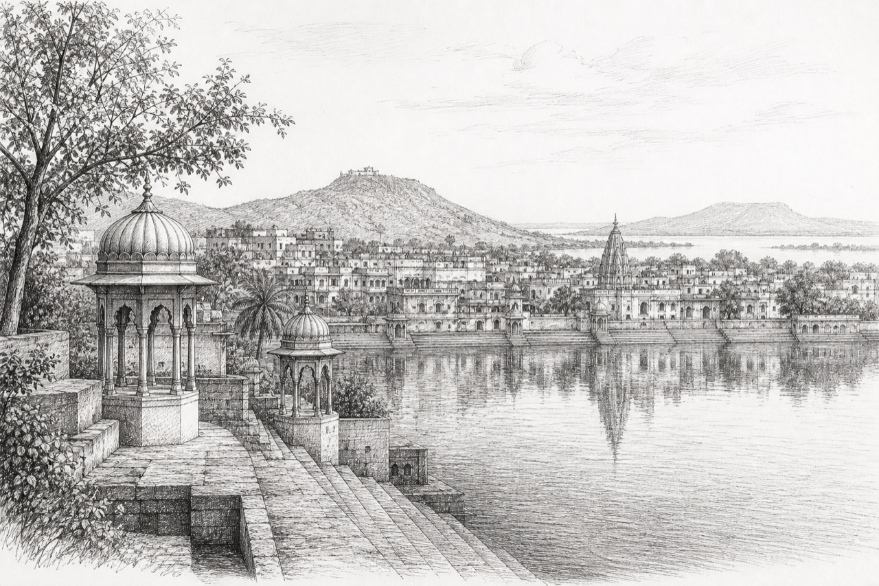 Hand-drawn pencil travel sketch for Kishangarh