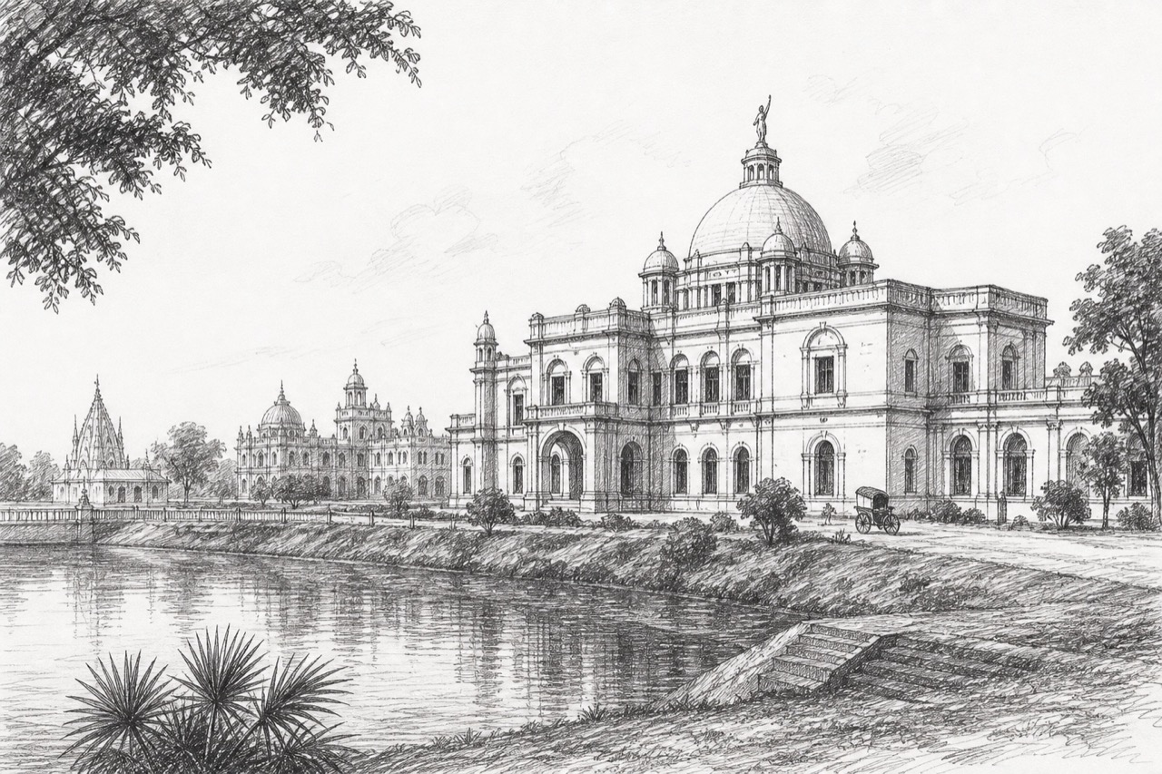 Hand-drawn pencil travel sketch for Koch Bihār