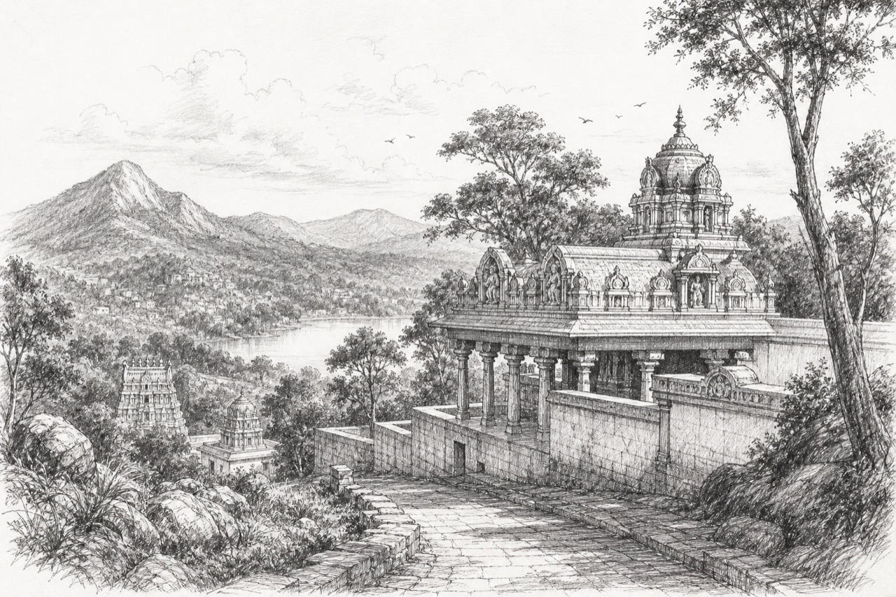 Hand-drawn pencil travel sketch for Kodaikānāl