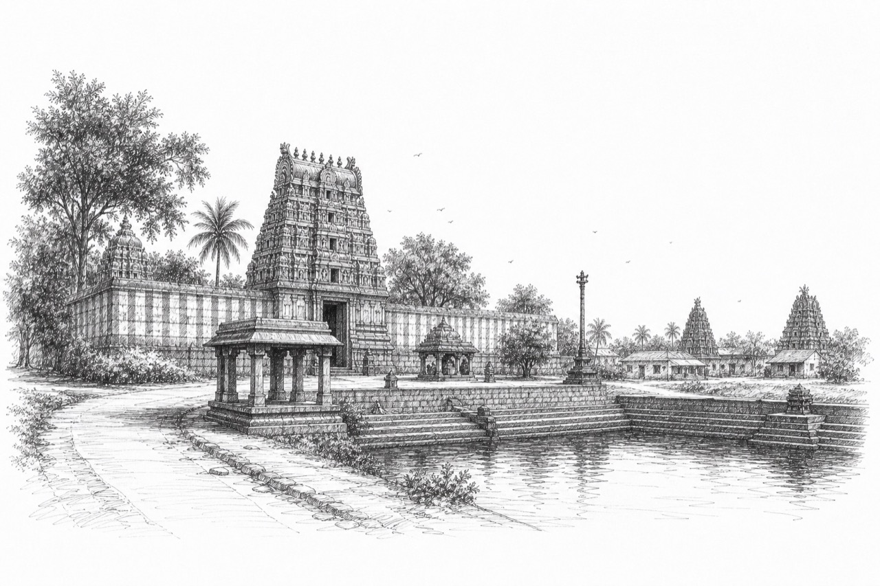 Hand-drawn pencil travel sketch for Kodavasal, India
