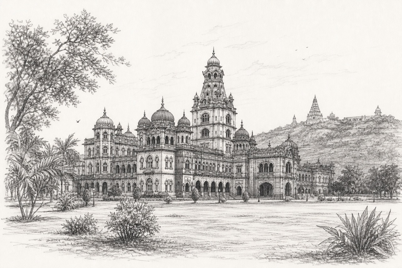 Hand-drawn pencil travel sketch for Kolhāpur