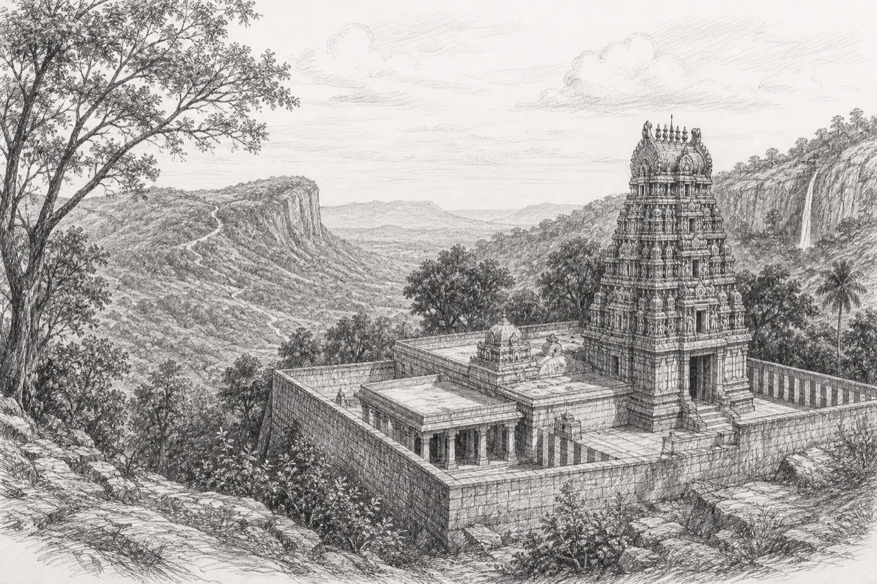 Hand-drawn pencil travel sketch for Kolli Hills area