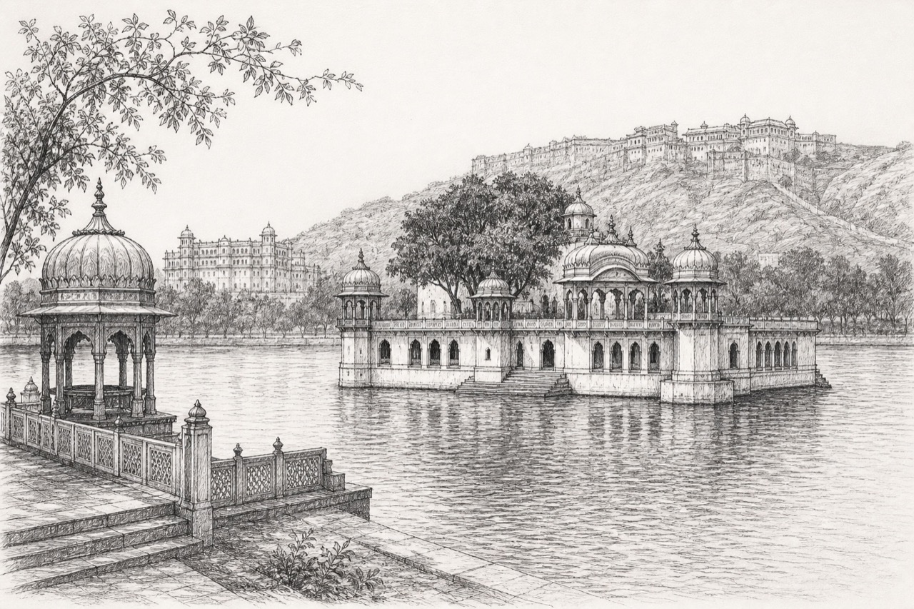 Hand-drawn pencil travel sketch for Kota