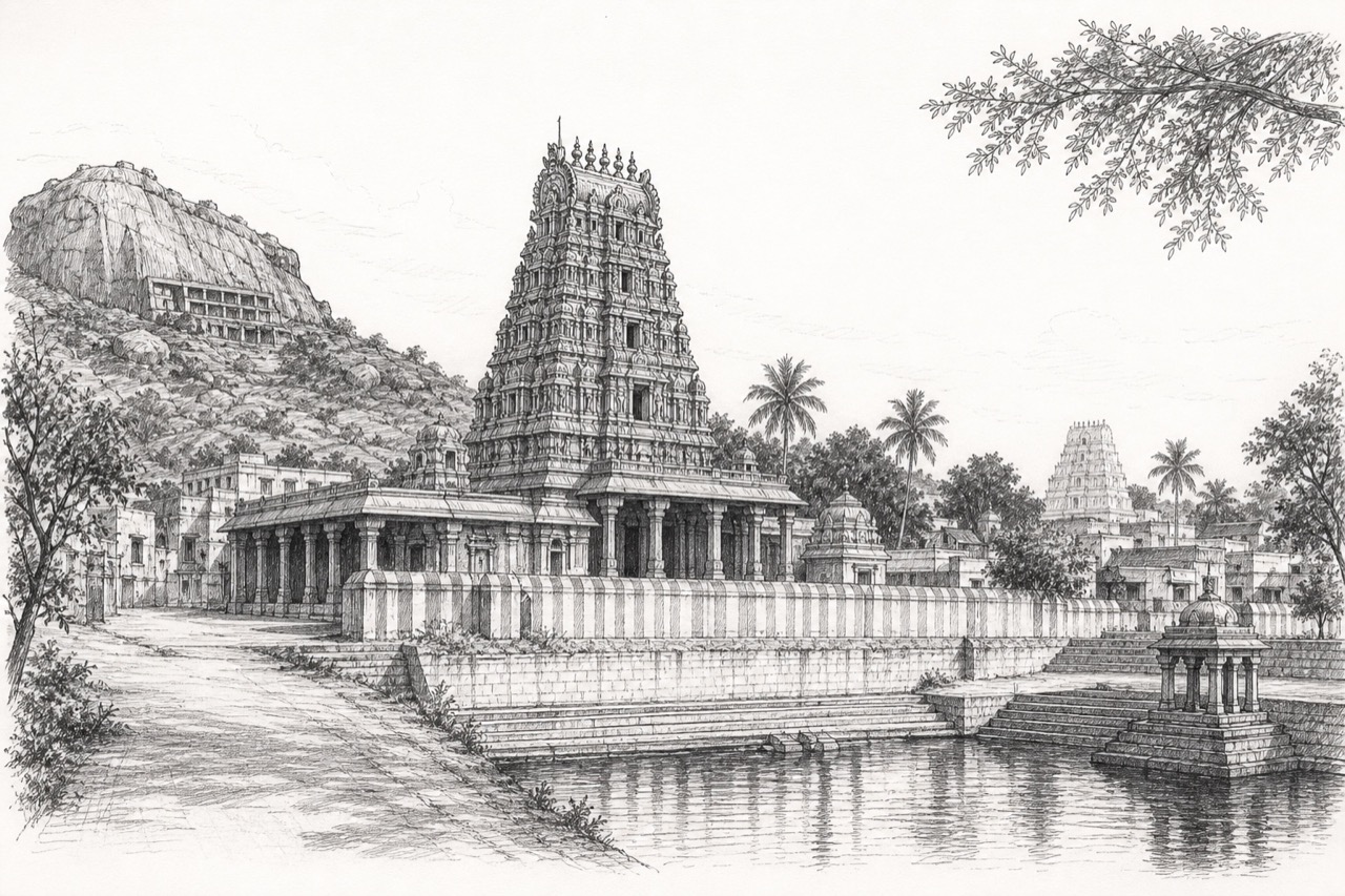 Hand-drawn pencil travel sketch for Kovilpatti
