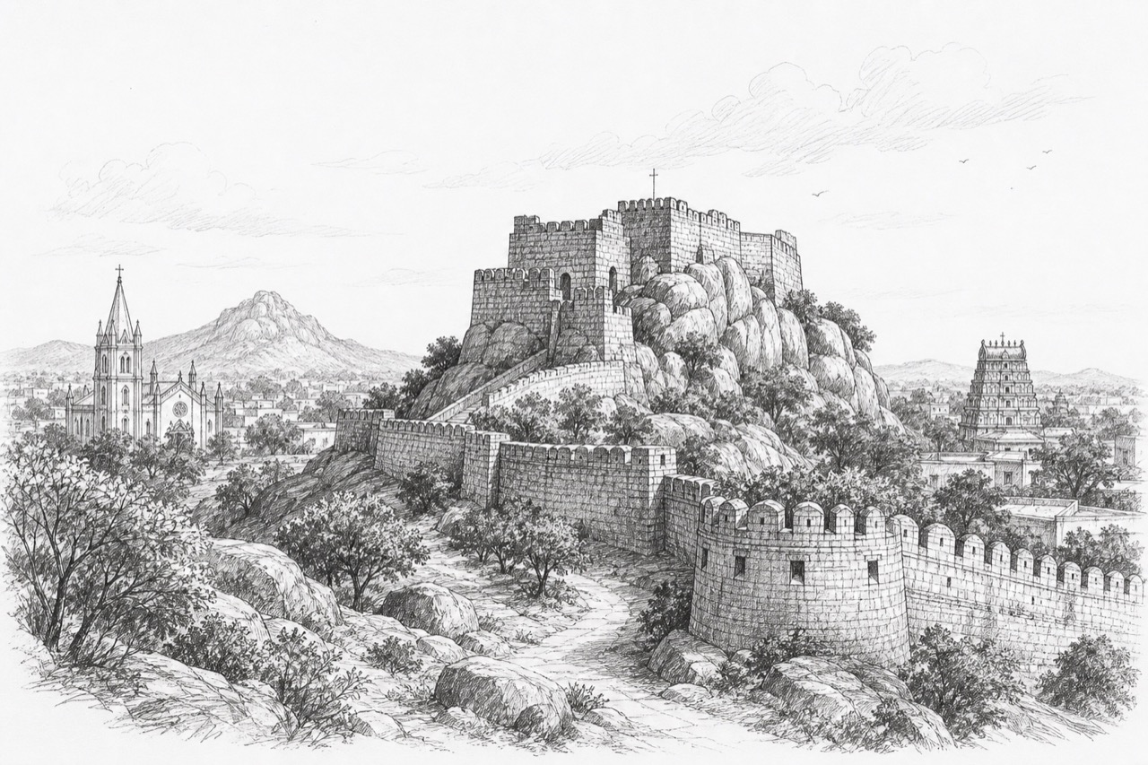 Hand-drawn pencil travel sketch for Krishnagiri