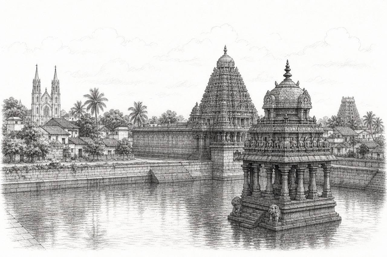 Hand-drawn pencil travel sketch for Kumbakonam