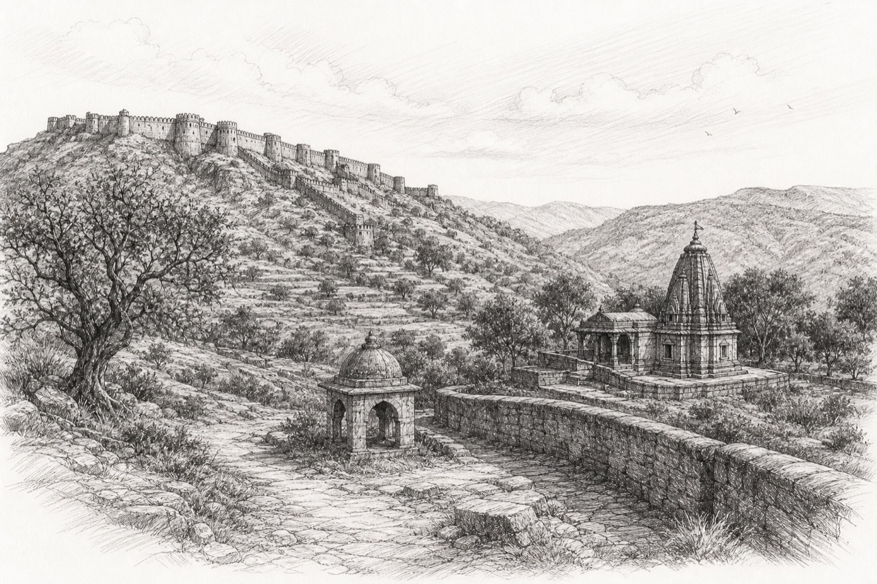 Hand-drawn pencil travel sketch for Kumbhalgarh area