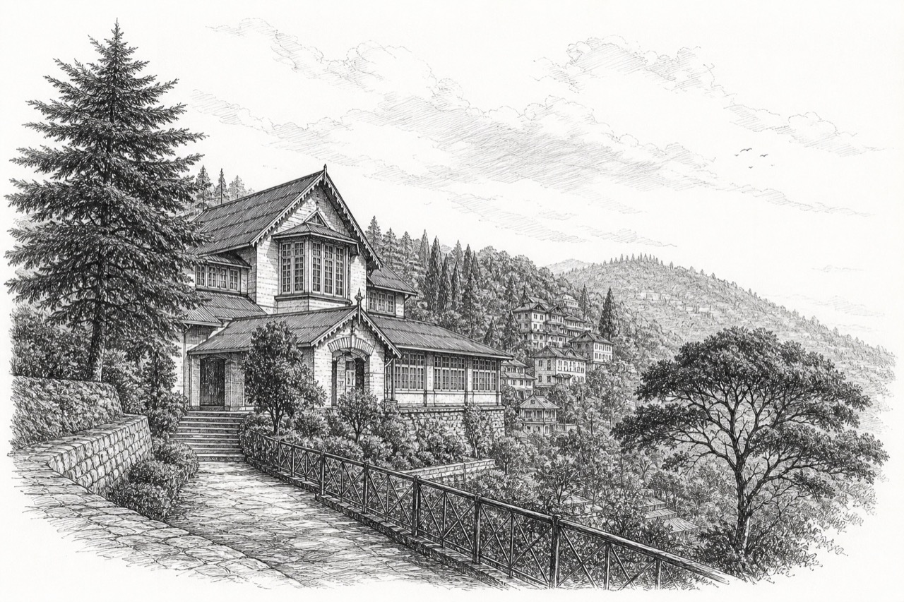 Hand-drawn pencil travel sketch for Kurseong