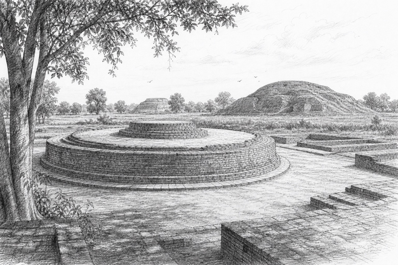 Hand-drawn pencil travel sketch for Kushinagar