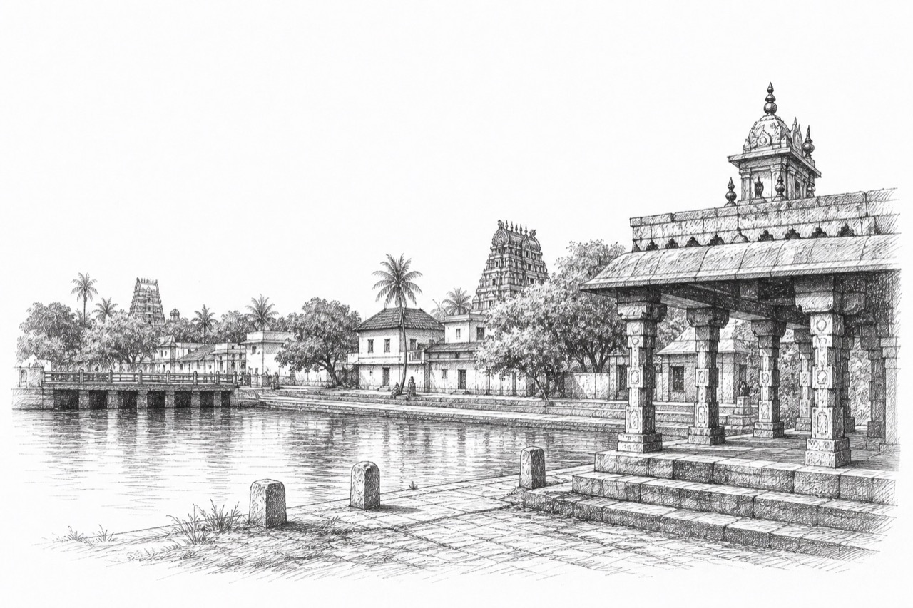 Hand-drawn pencil travel sketch for Lalgudi, India