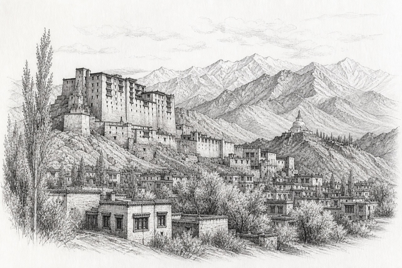 Hand-drawn pencil travel sketch for Leh