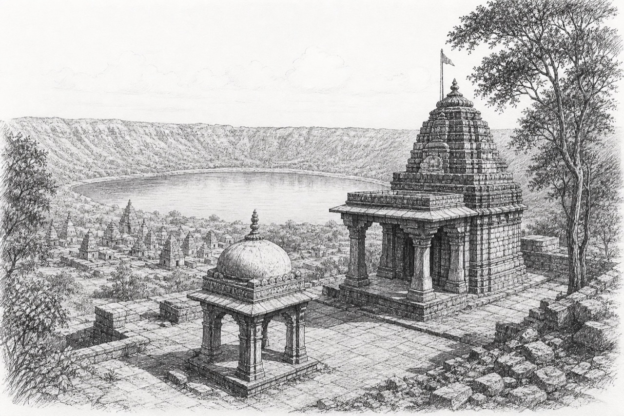 Hand-drawn pencil travel sketch for Lonar