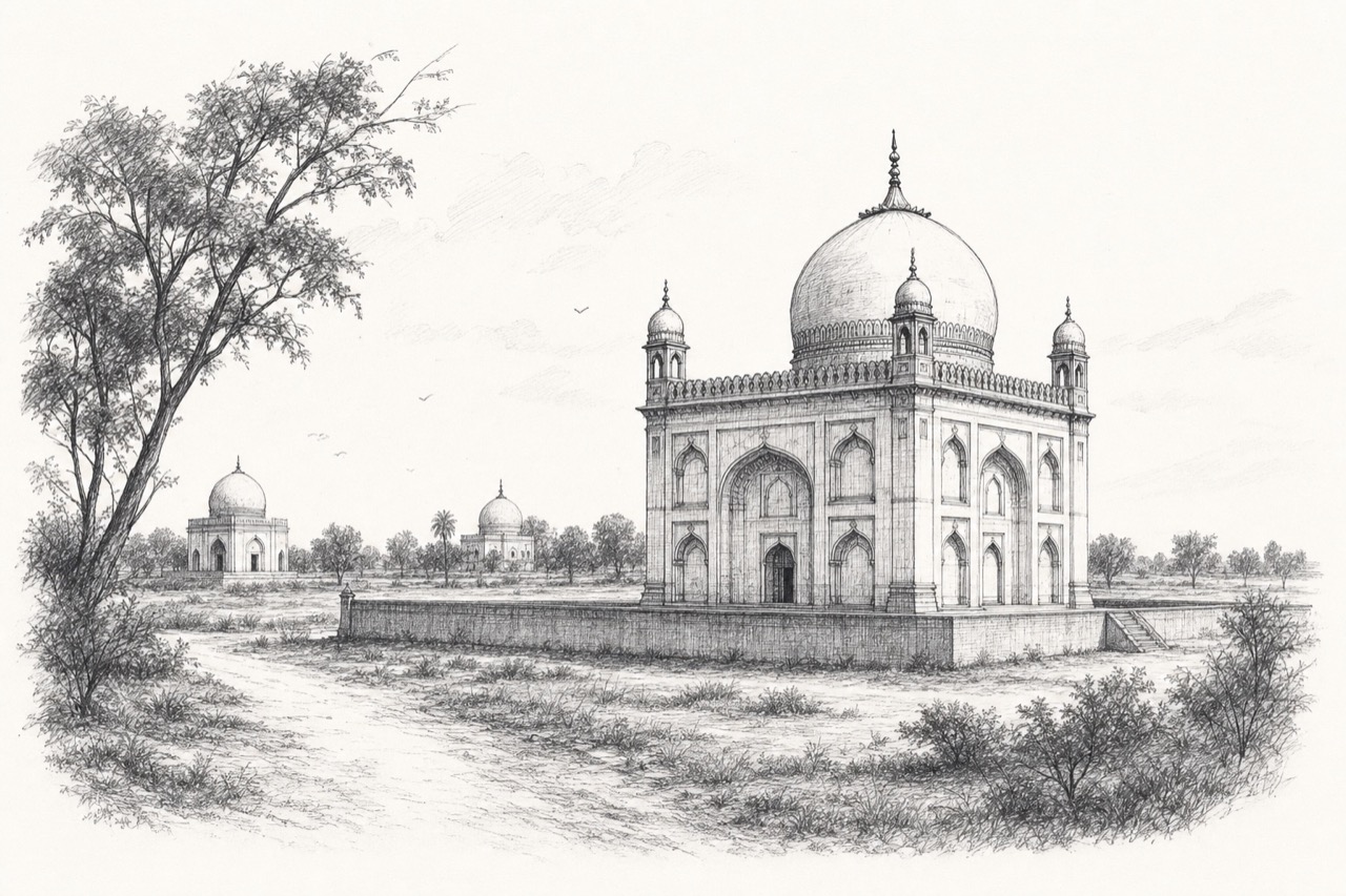 Hand-drawn pencil travel sketch for Māchhīwāra
