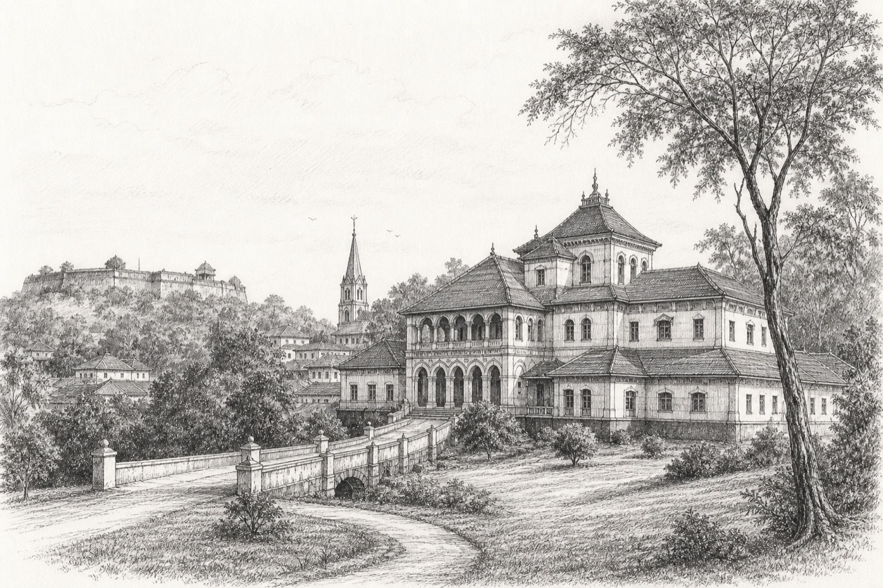 Hand-drawn pencil travel sketch for Madikeri